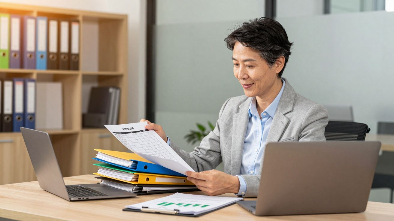Mulher de negócios a analisar documentos sentada numa secretária com dois portáteis e pastas coloridas.