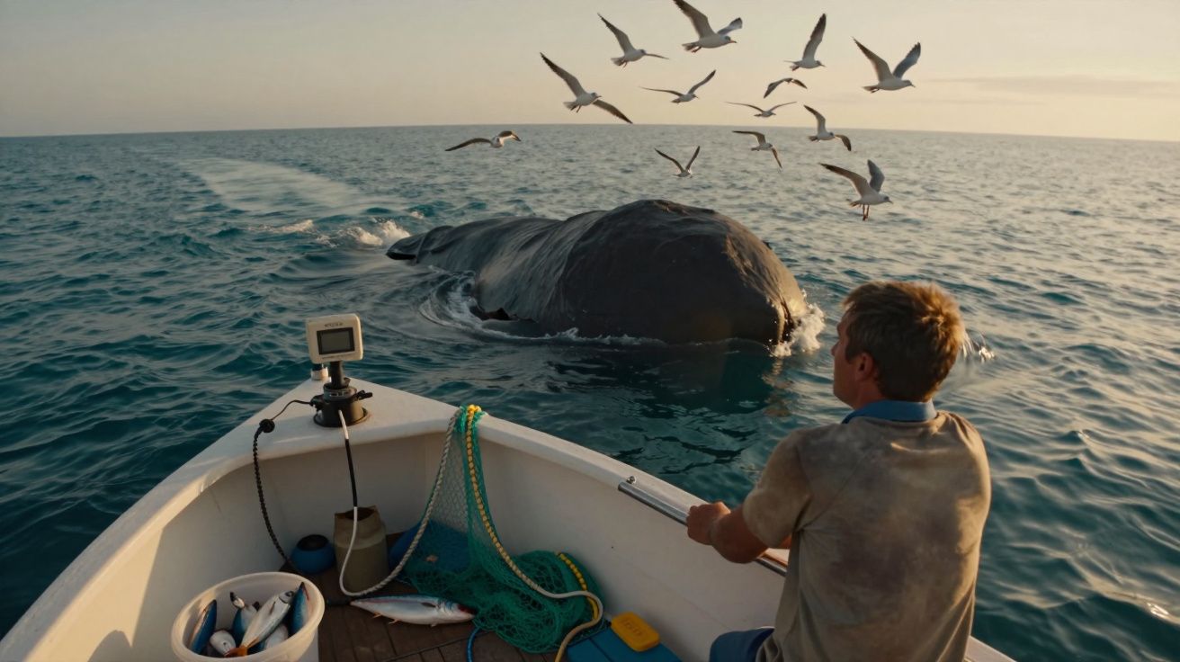 Homem em barco observa baleia perto da superfície do mar com gaivotas a voar ao pôr do sol.