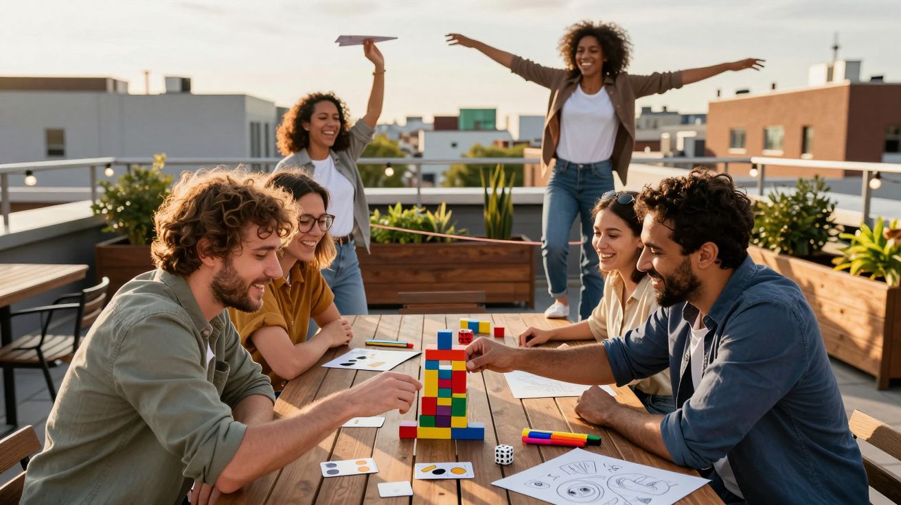 Jovens a jogar jogo de blocos coloridos numa mesa exterior, enquanto duas pessoas celebram ao fundo.