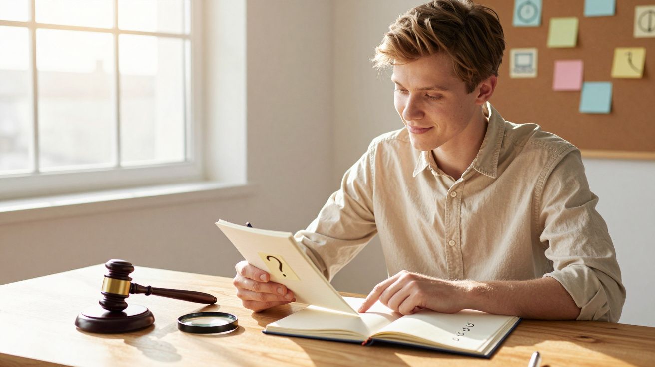 Jovem sentado a ler um livro com um ponto de interrogação, ao lado de um martelo de juiz e uma lupa numa mesa.