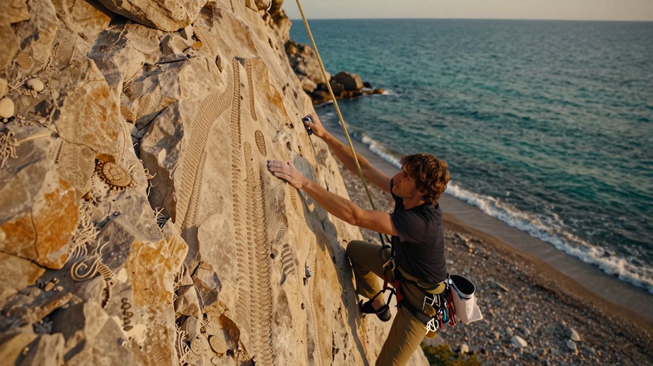 Homem a escalar uma falésia junto ao mar, usando equipamento de segurança e mar costeiro ao fundo.