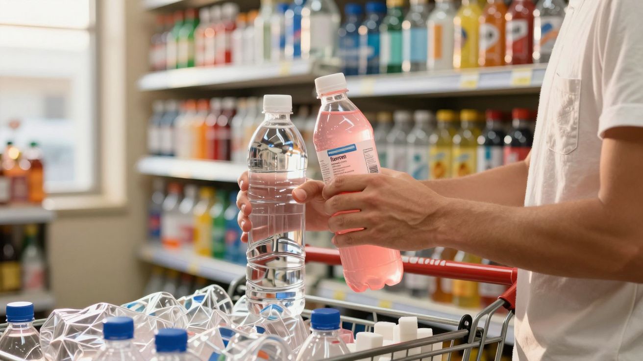Pessoa a escolher entre garrafa de água transparente e bebida cor-de-rosa num supermercado.
