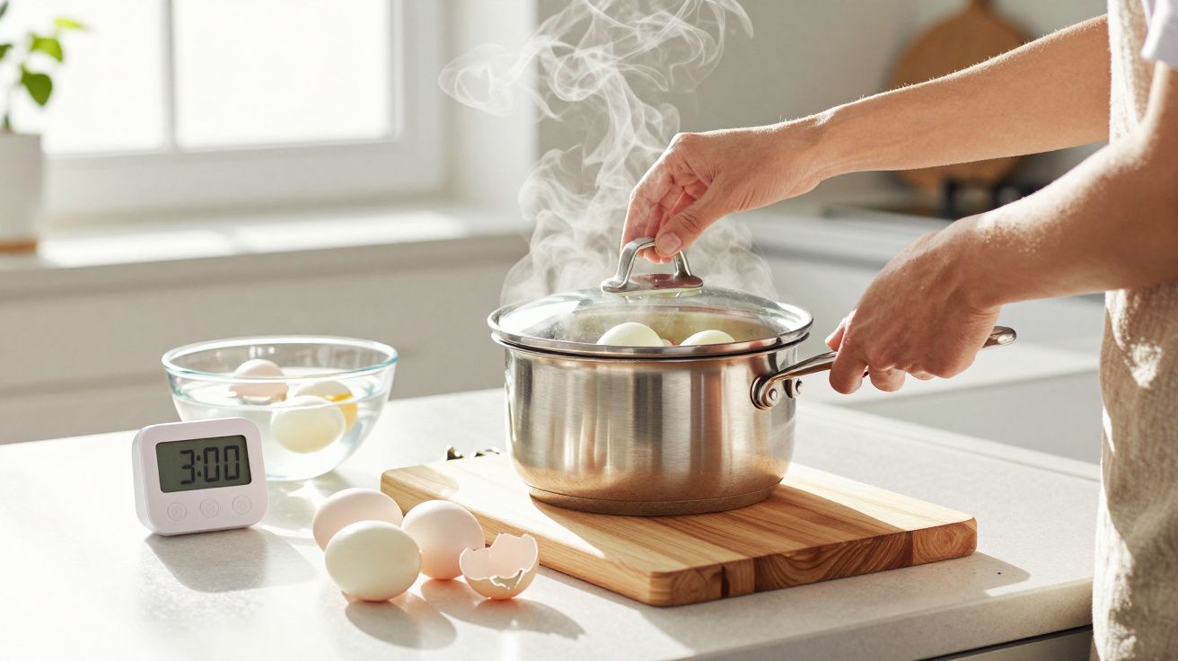 Mãos a retirar a tampa de panela com ovos a cozer, temporizador indica 3 minutos, cozinha iluminada naturalmente.