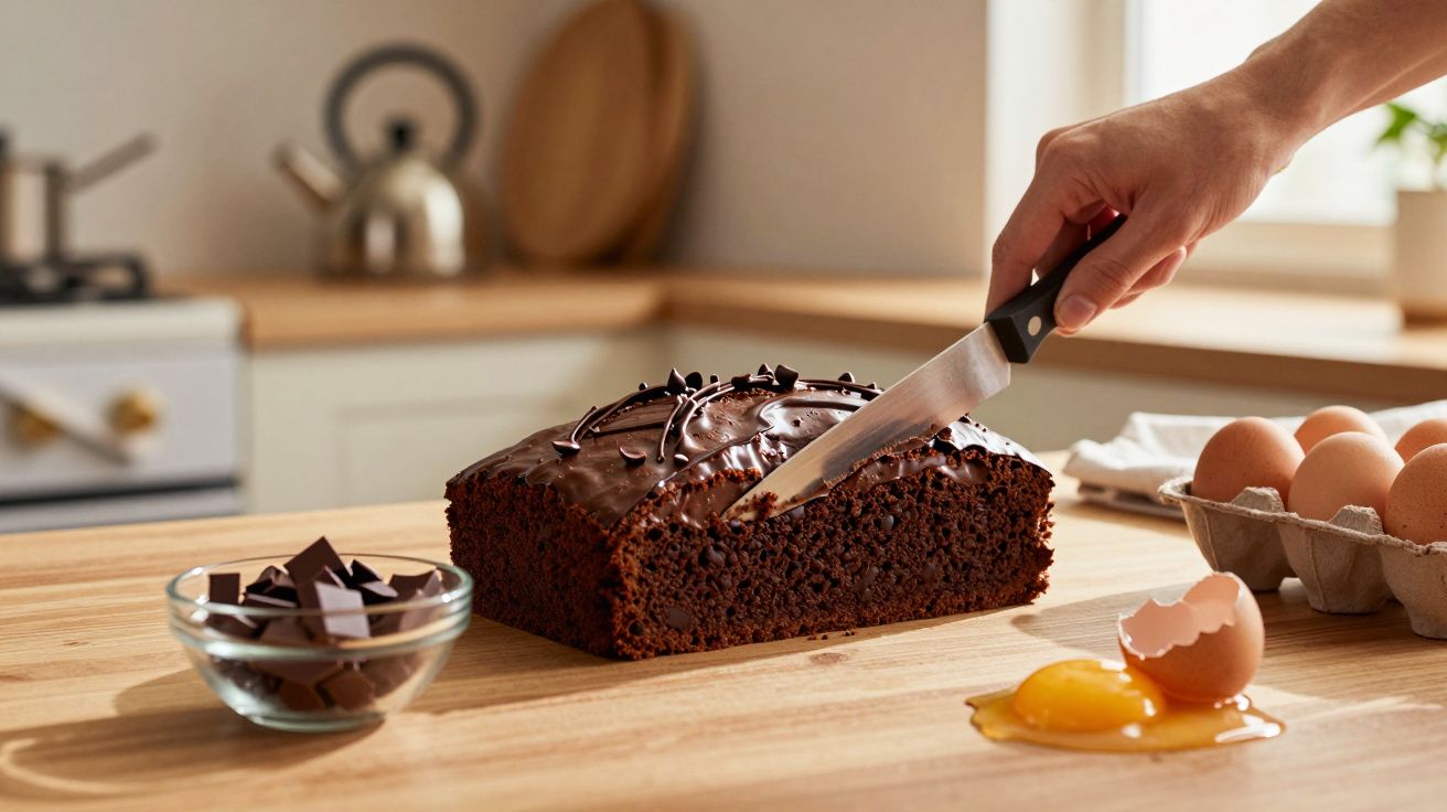 Pessoa a cortar bolo de chocolate numa cozinha, com ovos e pedaços de chocolate à volta.