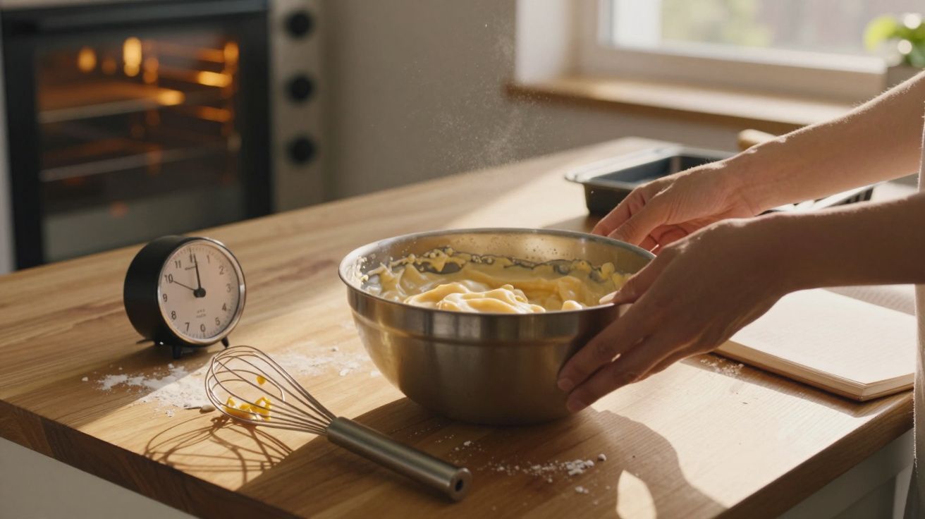 Mãos seguram taça metálica com massa batida numa bancada com batedor e relógio, em cozinha iluminada.