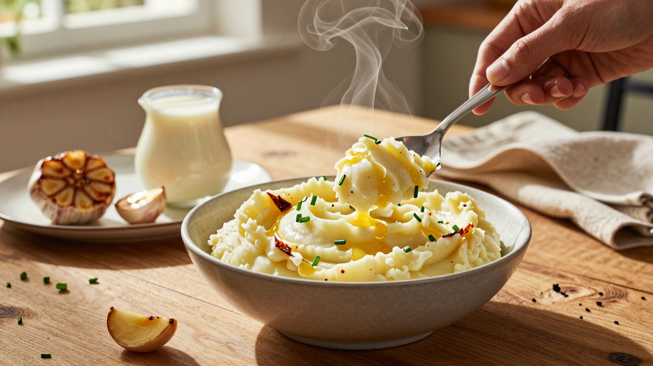 Prato de puré de batata com cebolinho e alho assado numa mesa de madeira junto à janela.