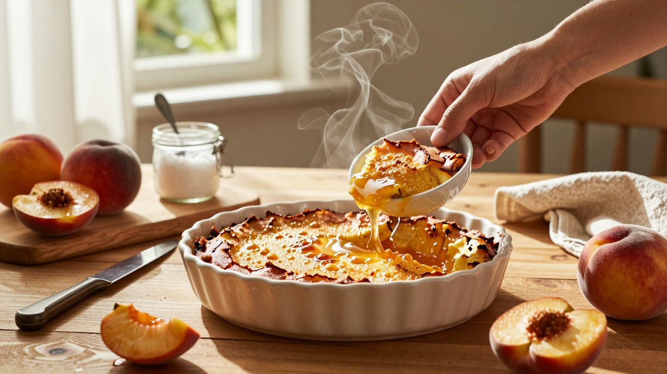 Tarte de pêssego fumegante servida numa mesa com frutas, faca e frasco de açúcar ao fundo.