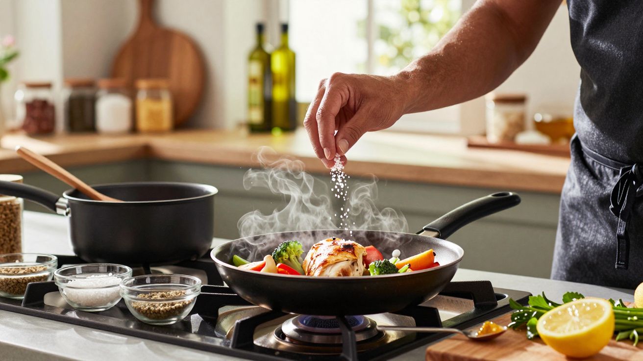 Pessoa a temperar com sal peito de frango e legumes numa frigideira a cozinhar num fogão moderno.