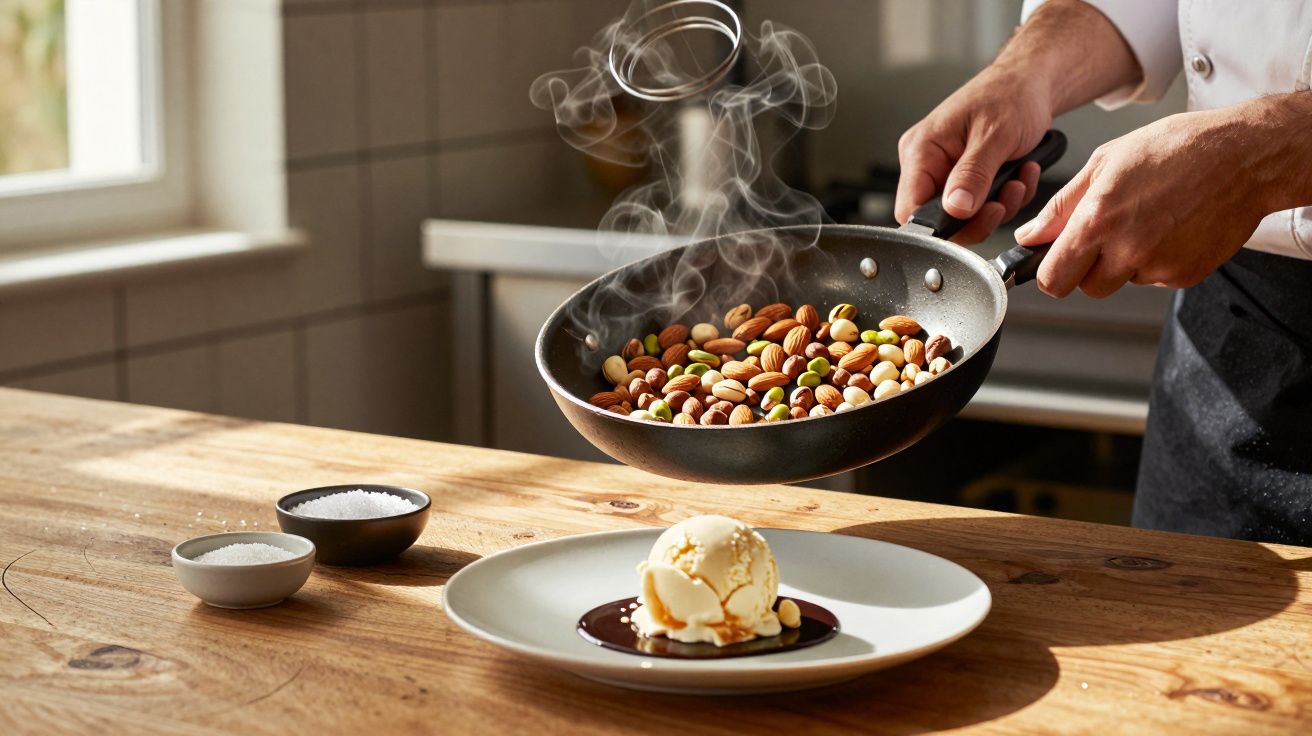 Mão a saltear mistura de frutos secos numa frigideira fumegante sobre uma mesa de madeira à frente de gelado numa base de cho