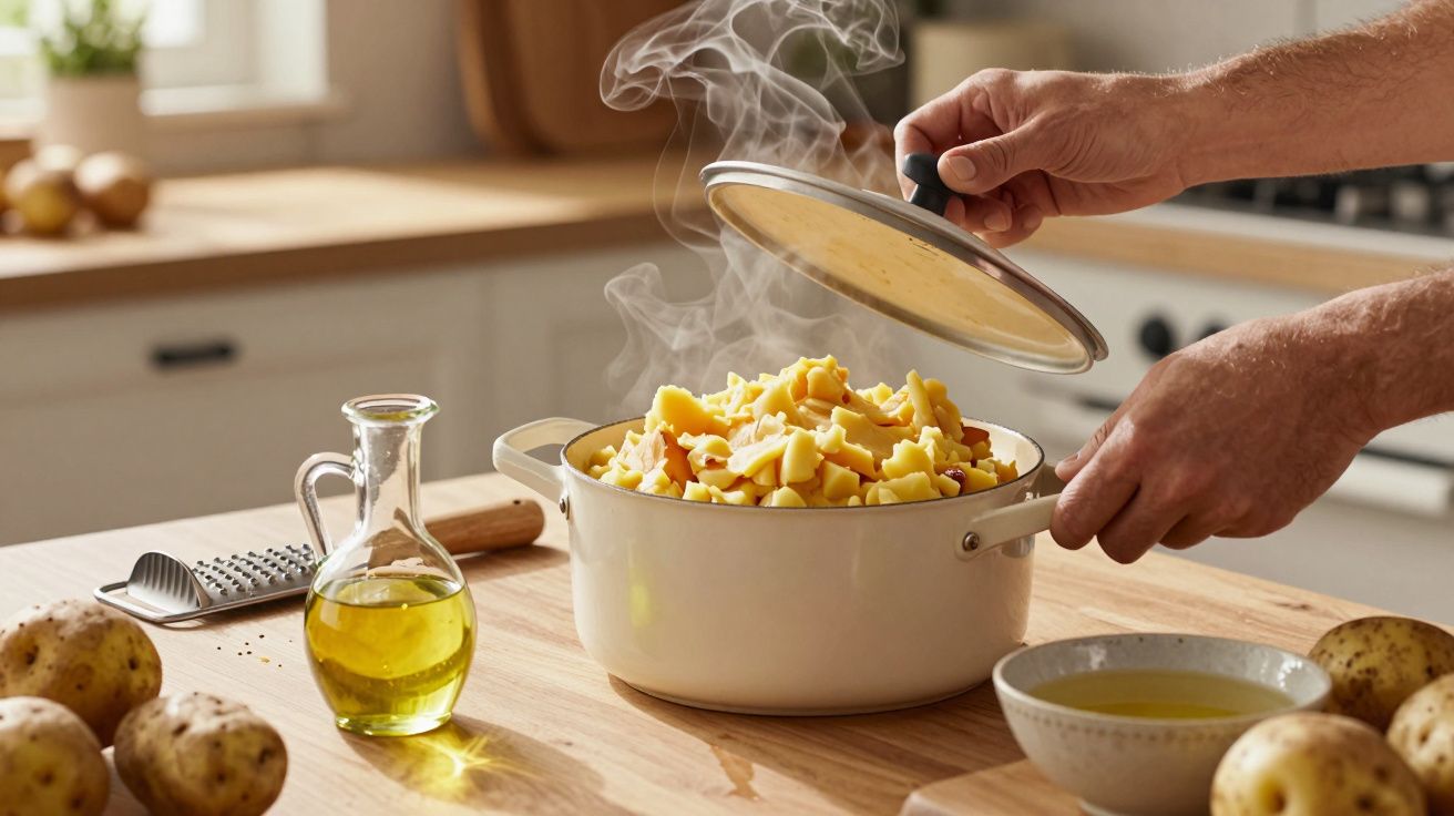 Mãos a levantar tampa de panela com puré de batata fumegante numa cozinha rústica iluminada.