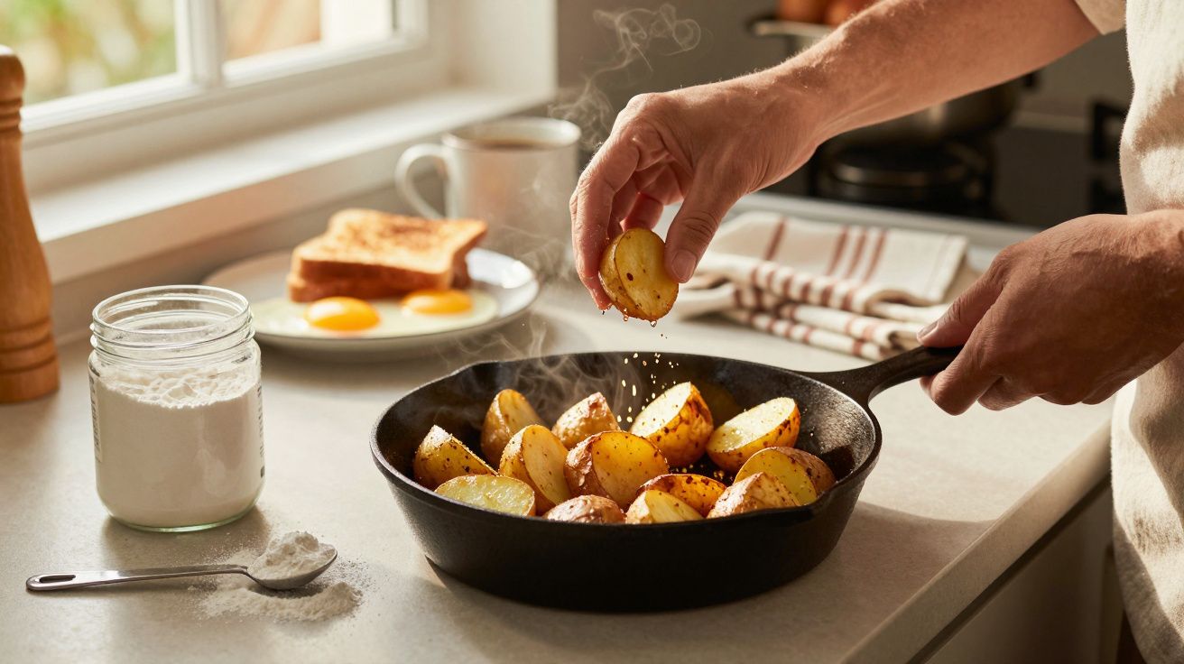 Mãos a temperar batatas douradas numa frigideira, com ovos estrelados e tostas ao fundo na cozinha.