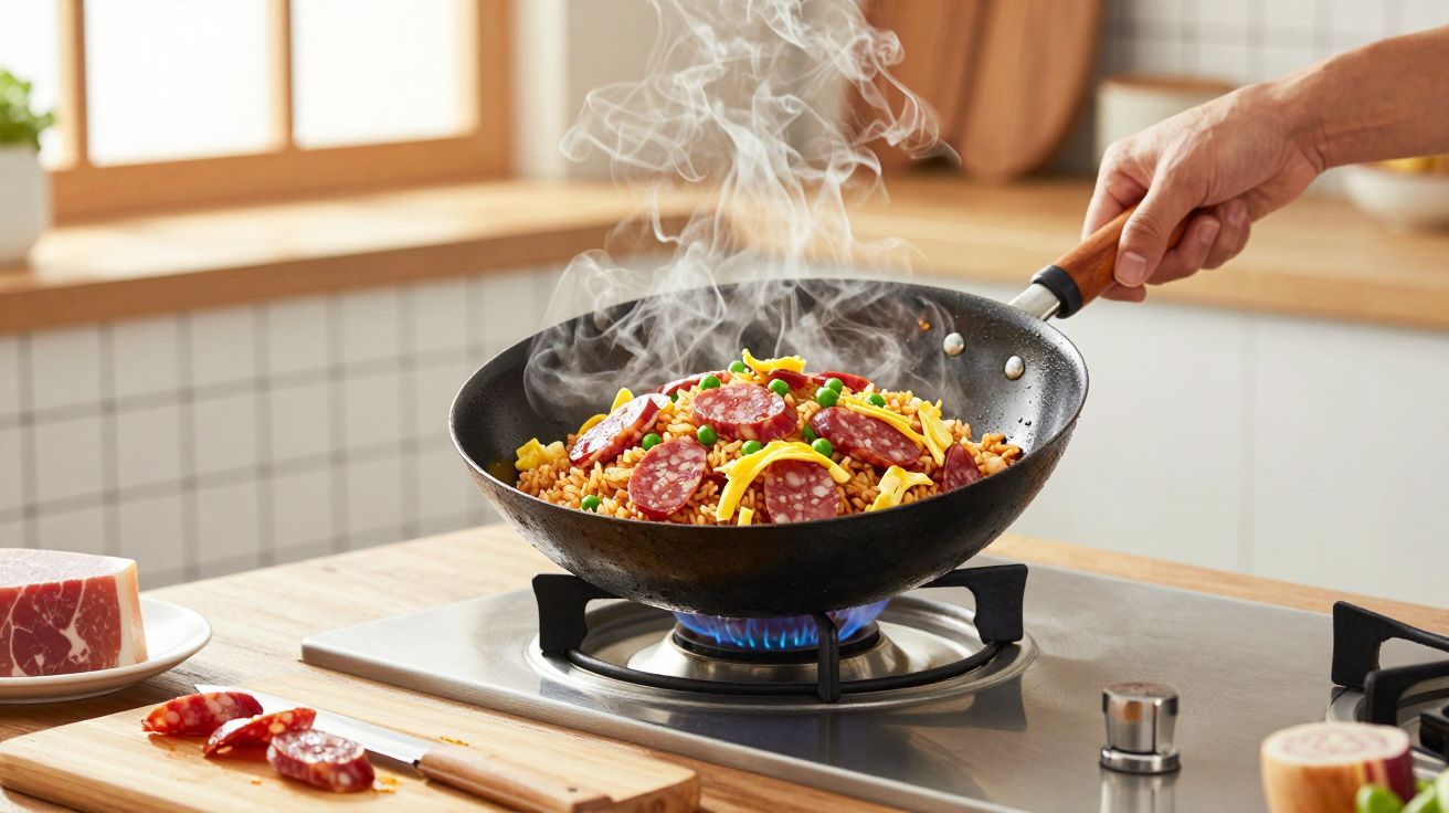 Panela wok com arroz, ervilhas, queijo e chouriço a cozinhar num fogão a gás numa cozinha iluminada.