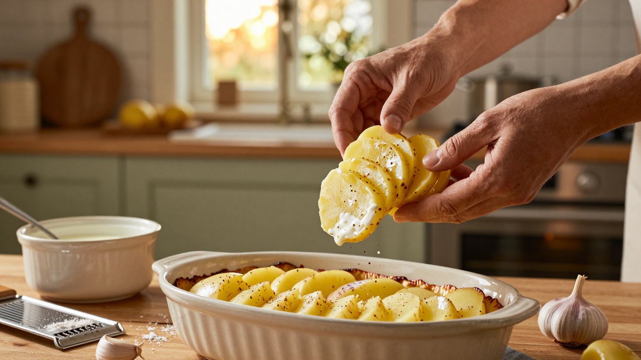 Mãos a colocar batatas fatiadas com molho num tabuleiro para preparar um prato caseiro na cozinha.