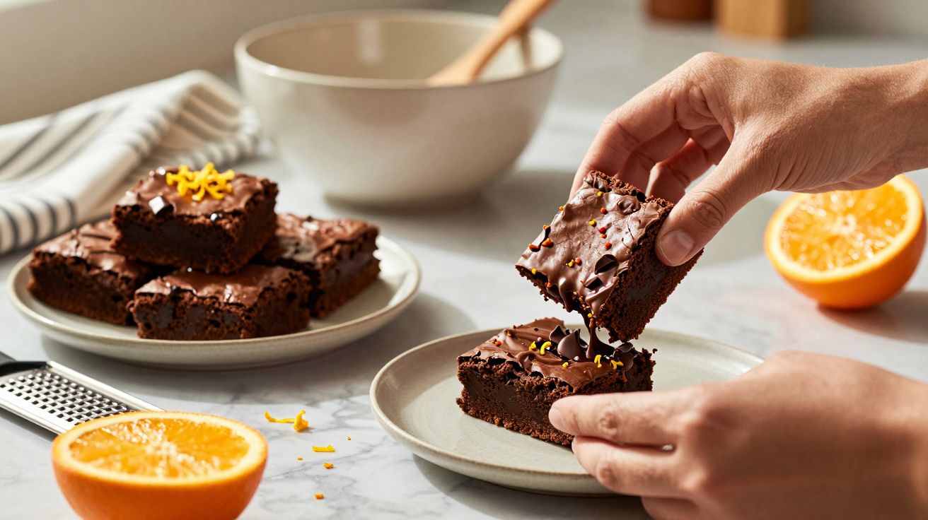Mãos a pegar um quadrado de brownie decorado com raspas de laranja em prato, com brownies e meio limão por perto.