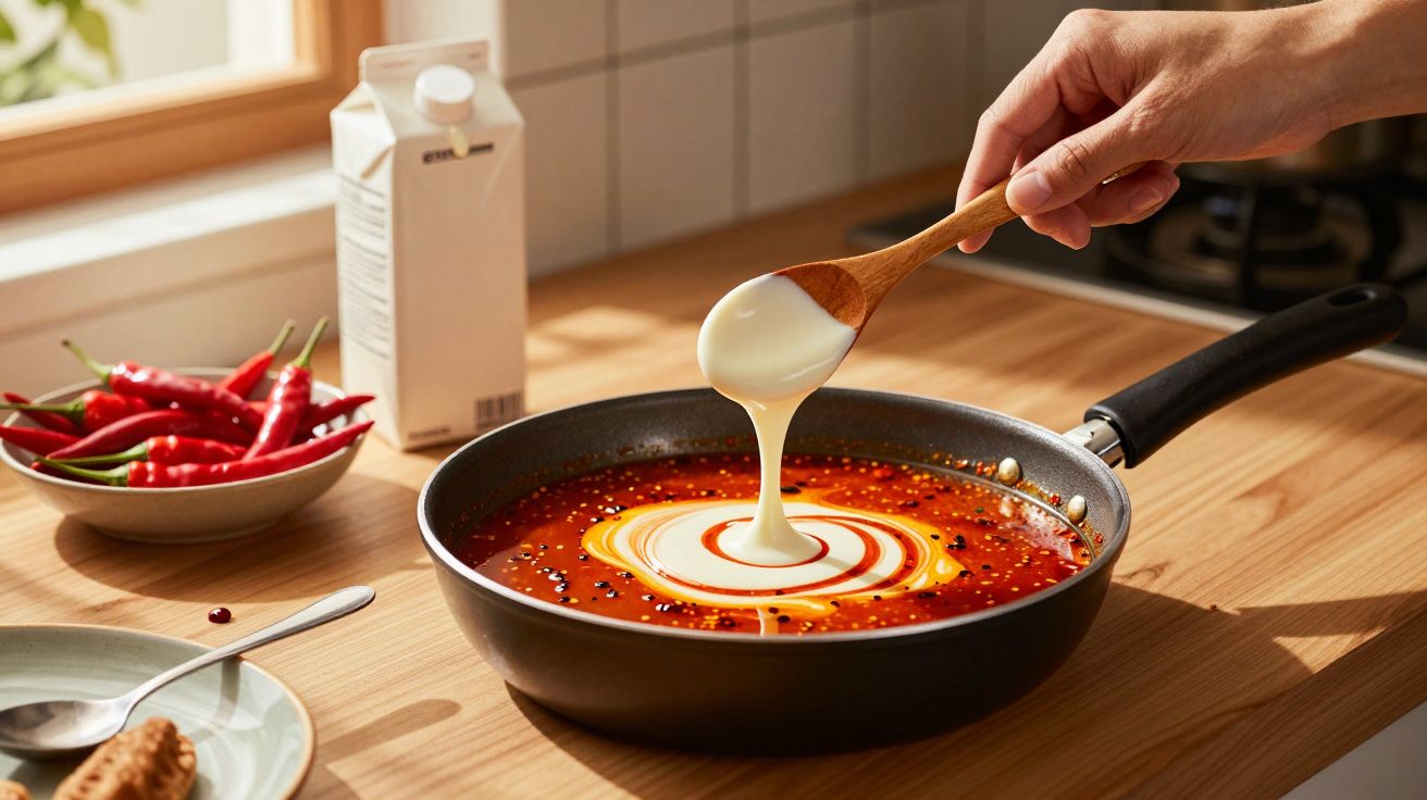 Mão a verter natas numa frigideira com molho vermelho picante sobre bancada de madeira.