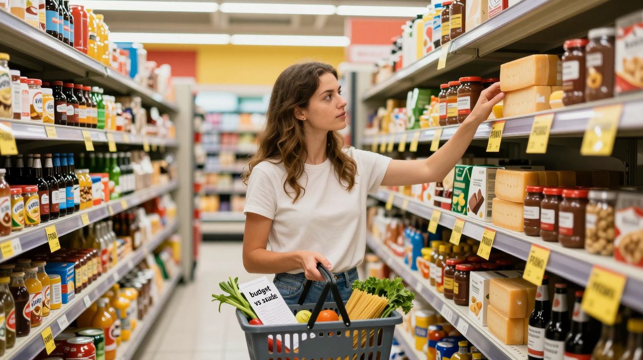 Mulher a selecionar queijo numa prateleira de supermercado com carrinho cheio de legumes e massa.
