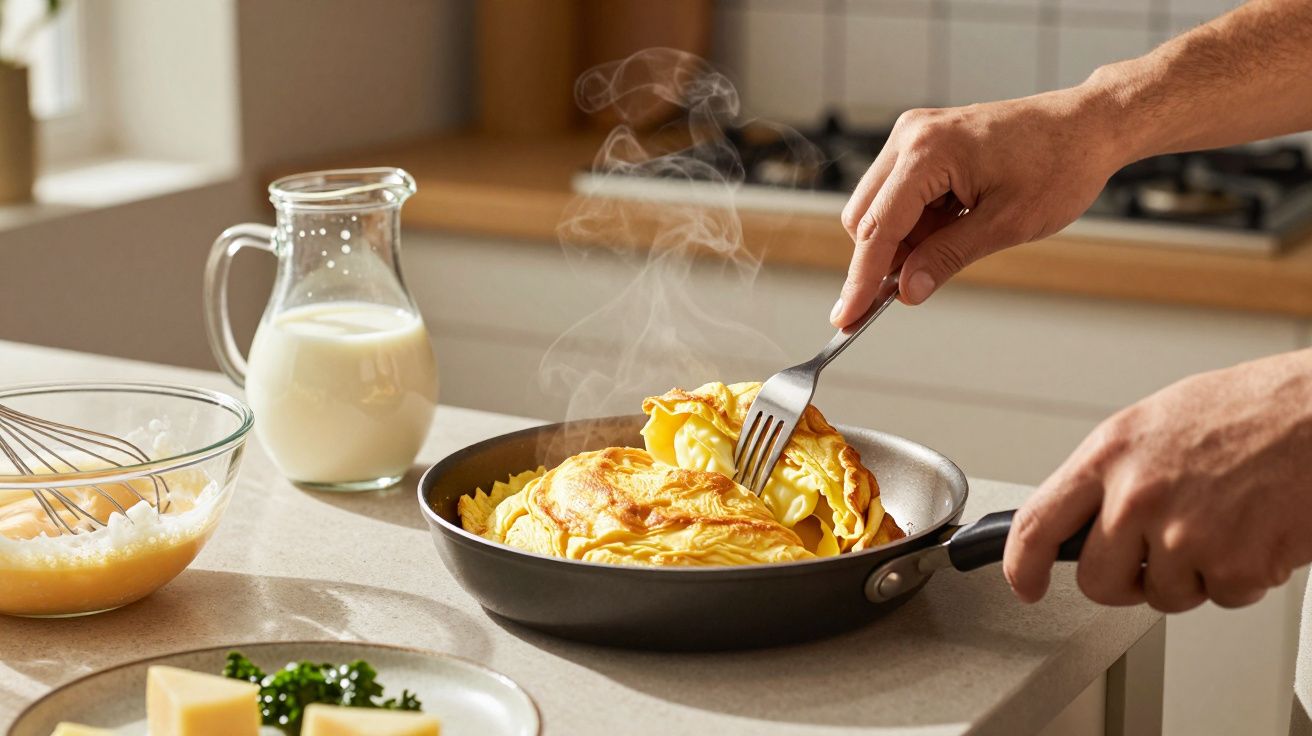 Mãos a pegar um pedaço de omelete quente numa frigideira numa cozinha com jarro de leite e ingredientes na bancada.