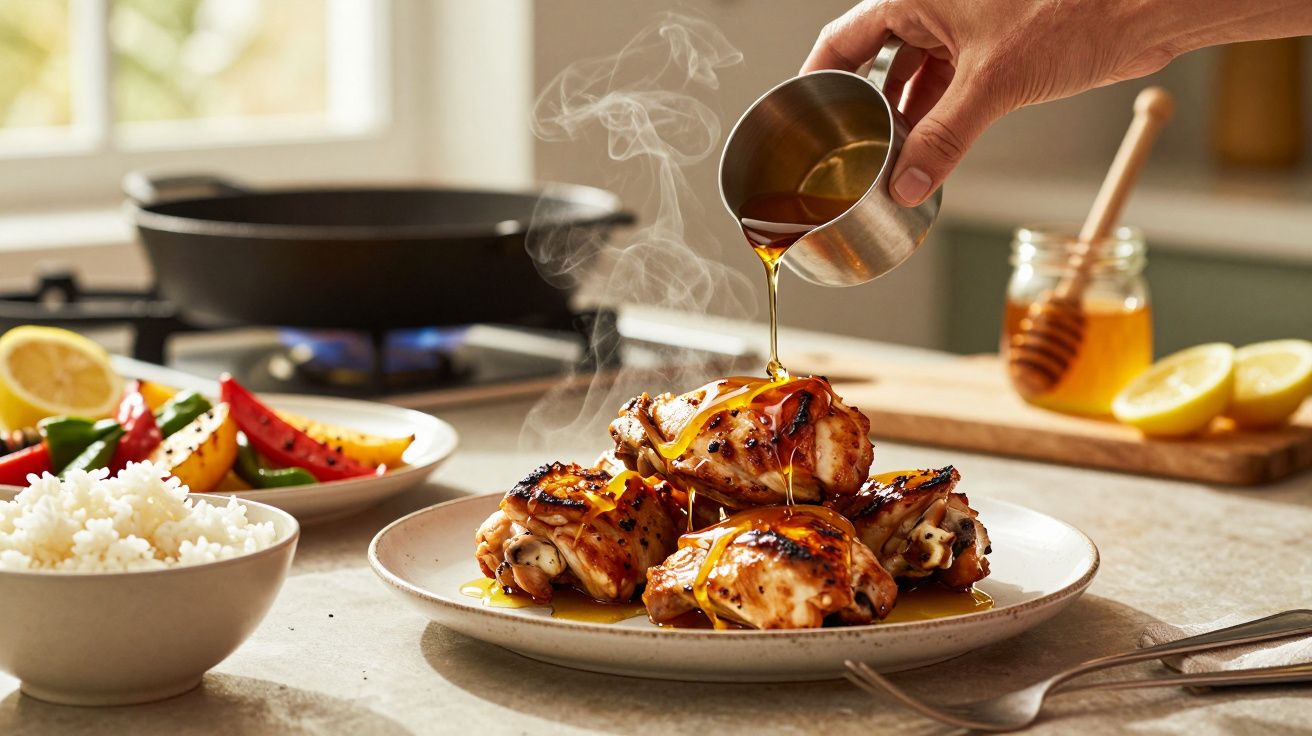 Mãos a despejar molho sobre frango grelhado fumegante num prato, com arroz e legumes ao lado.