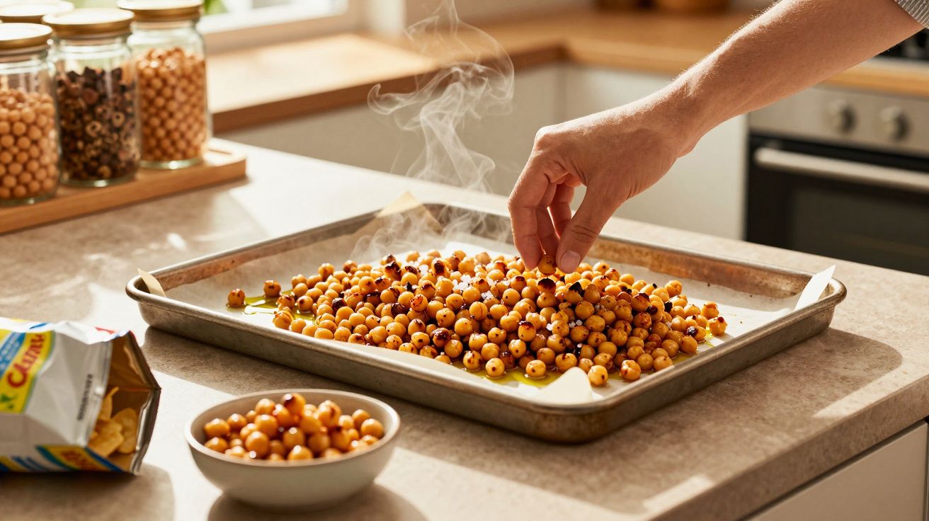 Mão a pegar grão-de-bico assado numa tabuleiro metálico com vapor, em cozinha com luz natural.