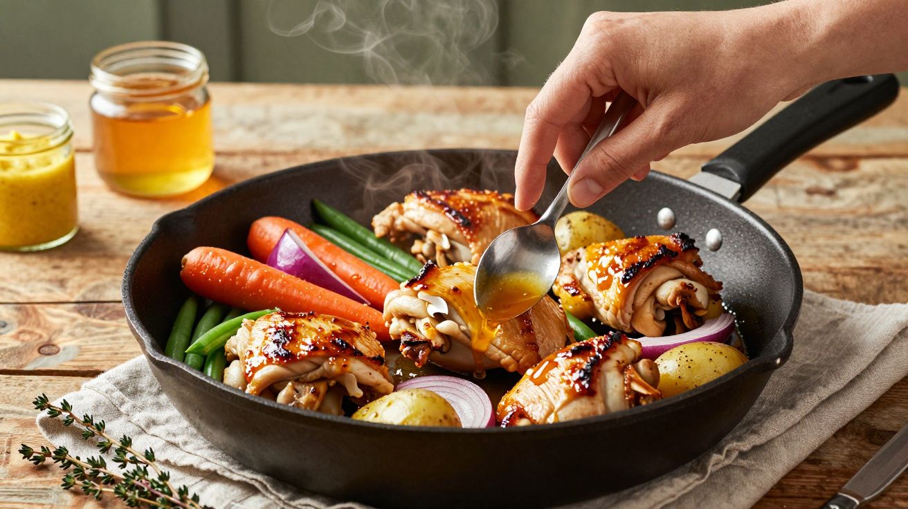 Frango recheado com legumes variados numa frigideira, com molho a ser regado por uma colher.