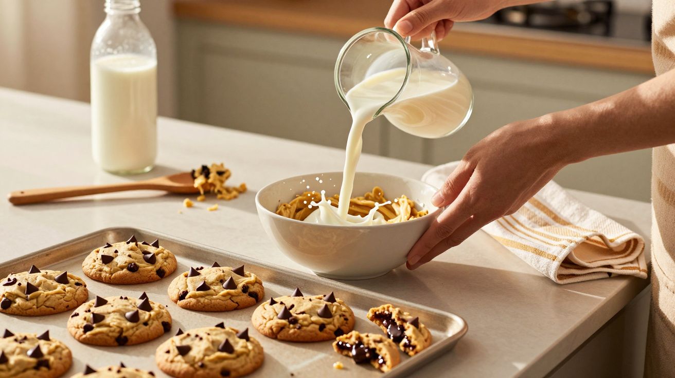 Mão a servir leite numa tigela de cereais, bandeja com bolachas de chocolate e garrafa de leite na cozinha.