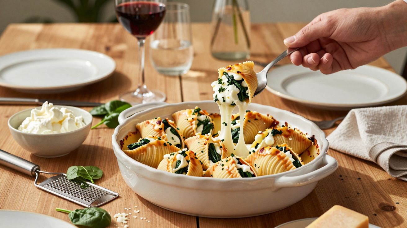 Conchas de massa recheadas com espinafres e queijo derretido numa travessa branca, à mesa posta com vinho tinto.