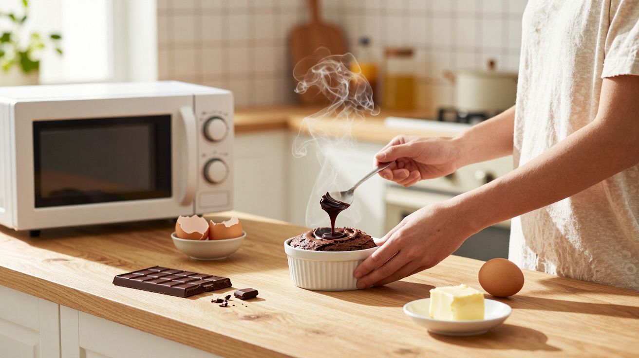 Pessoa a decorar uma sobremesa quente de chocolate numa cozinha com micro-ondas e ingredientes à vista.