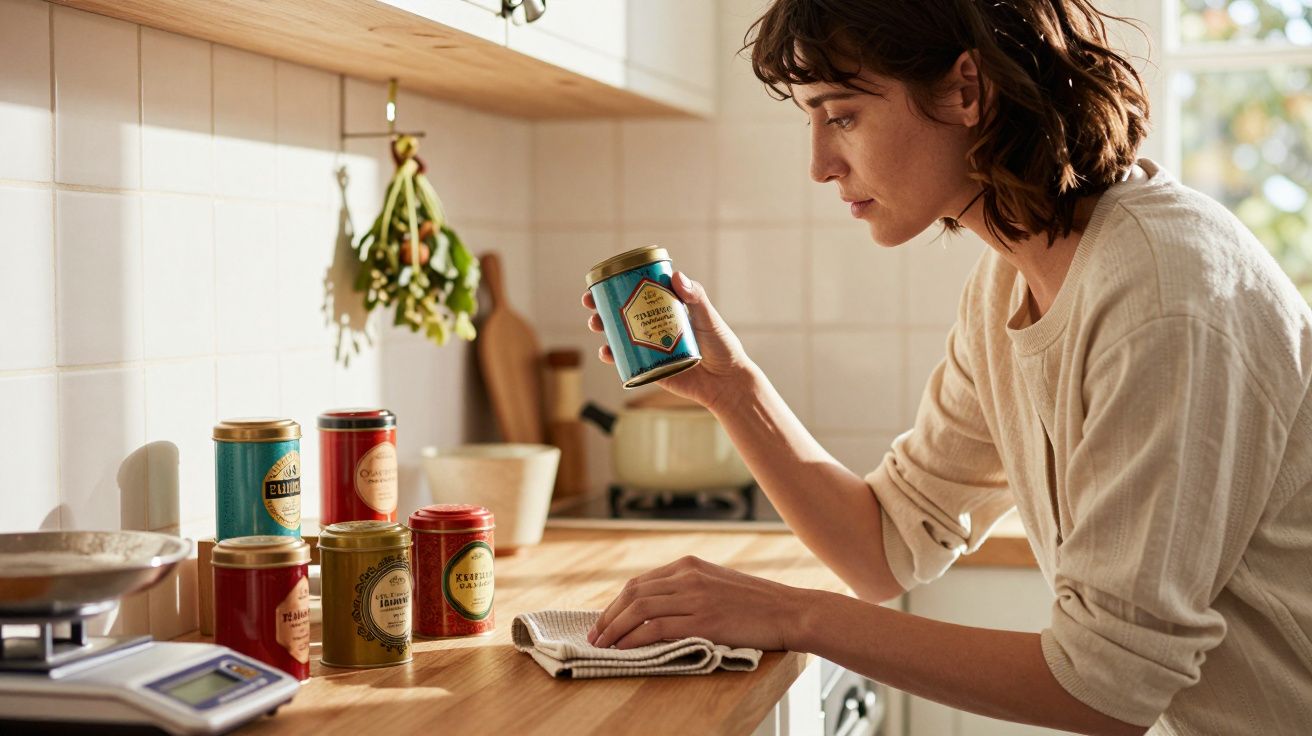 Mulher a examinar um frasco de especiarias numa cozinha iluminada e organizada, com vários frascos na bancada.