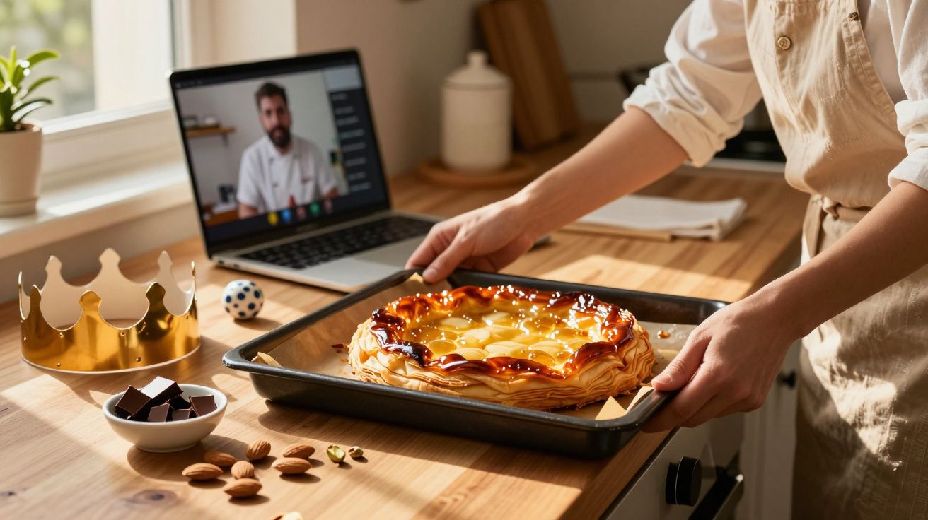 Pessoa a tirar do forno uma galette des rois com coroa dourada, amêndoas e laptop ao fundo numa cozinha.