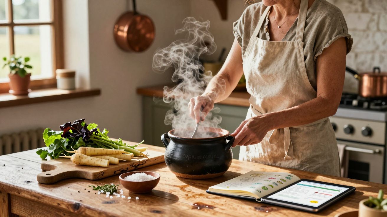 Pessoa a mexer sopa fumegante numa panela preta, com legumes e tablet numa cozinha acolhedora.
