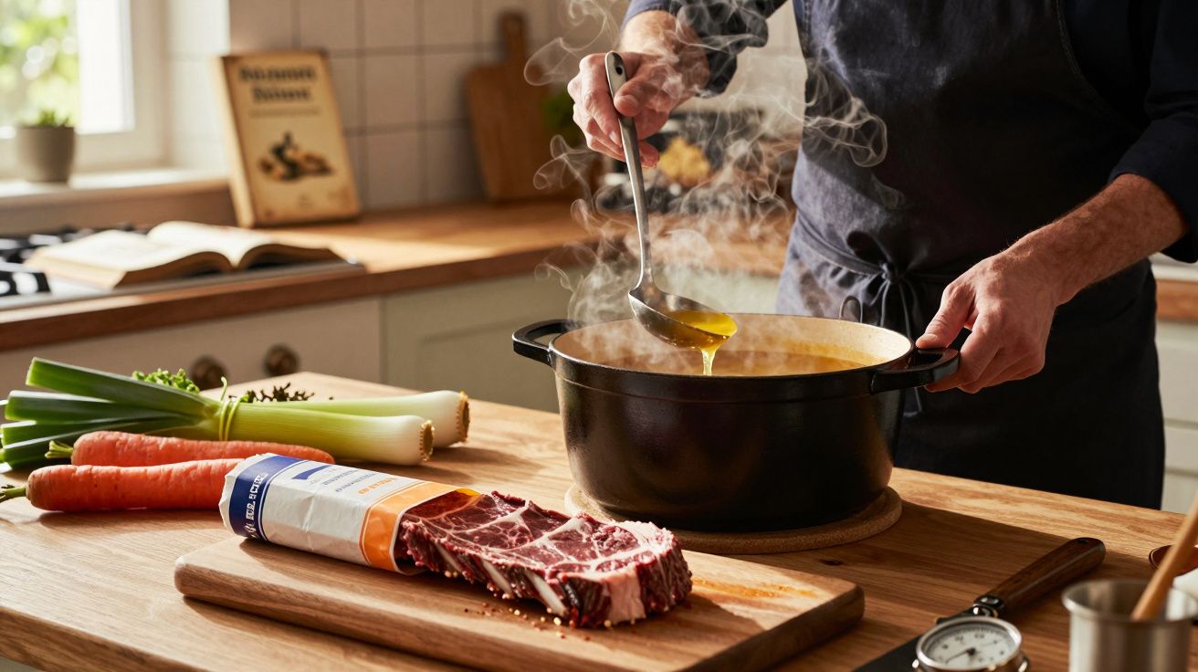 Pessoa a cozinhar sopa numa panela com legumes e um bife cru numa tábua de madeira na cozinha.