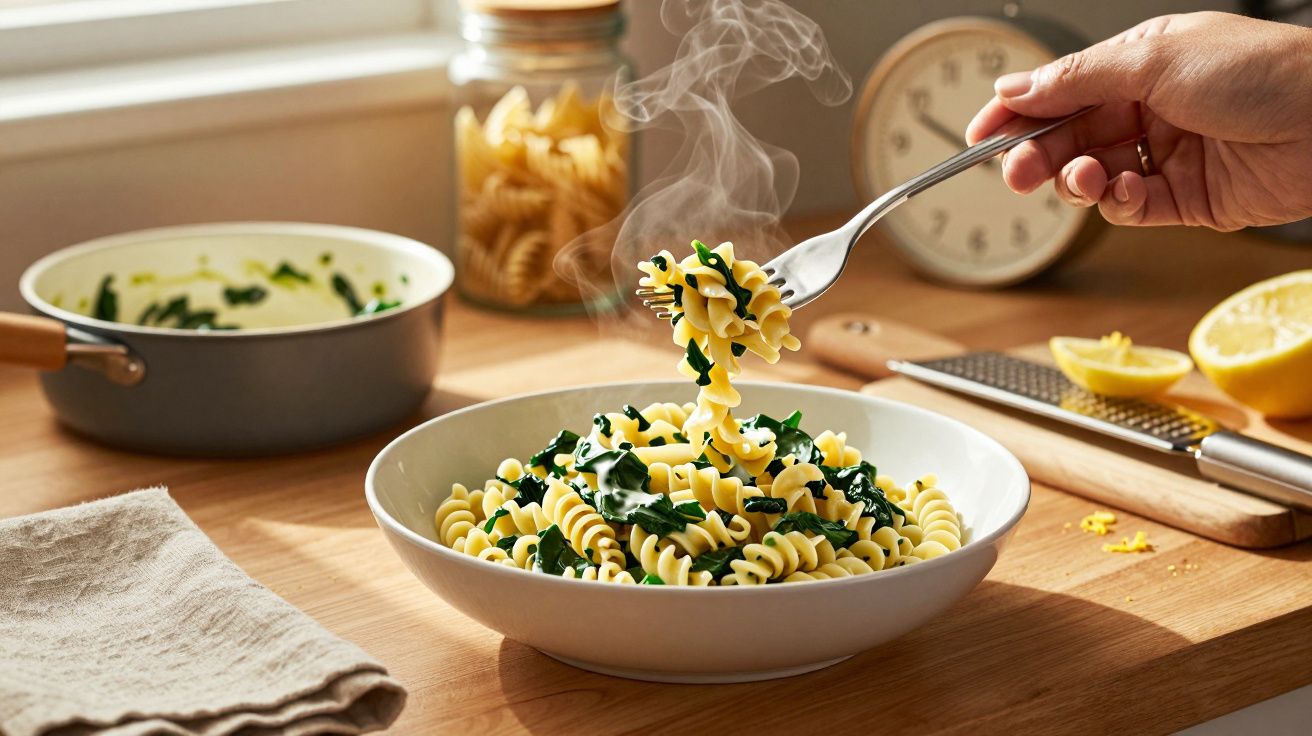 Prato de massa fusilli com espinafres frescos a ser servido com garfo em cozinha iluminada.
