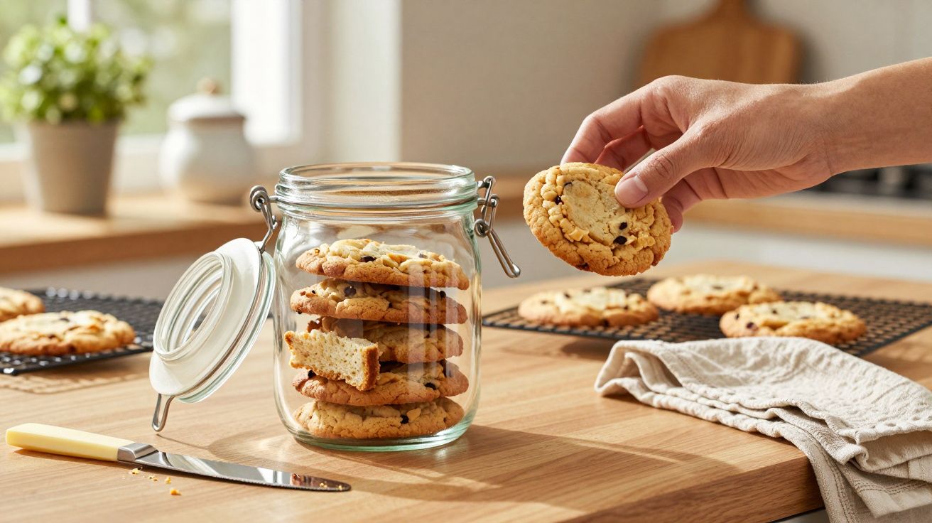 Mãos a retirar um cookie de um frasco de vidro cheio de cookies numa bancada de cozinha com mais cookies a arrefecer.