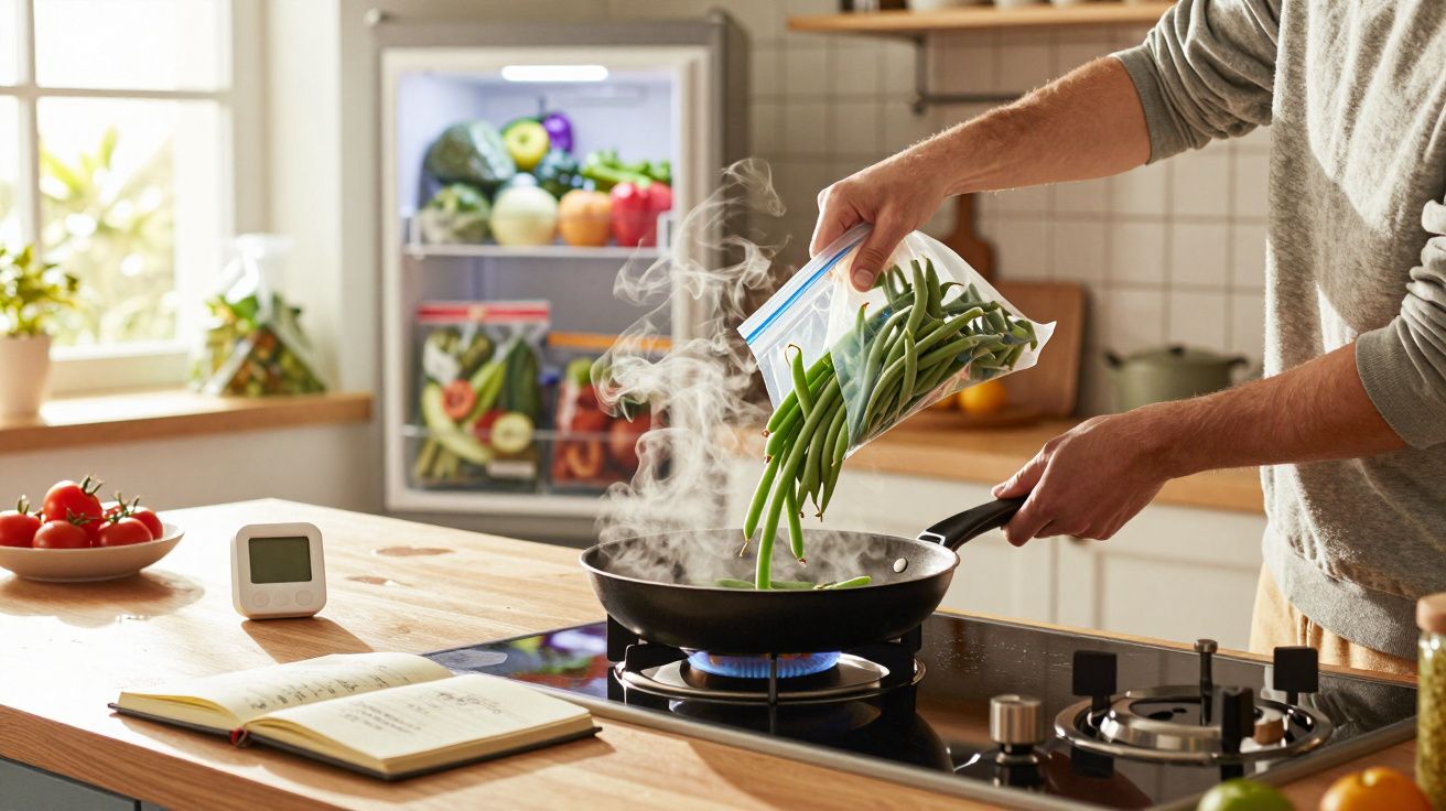 Pessoa a cozinhar feijão verde numa frigideira com vapor numa cozinha luminosa e moderna.