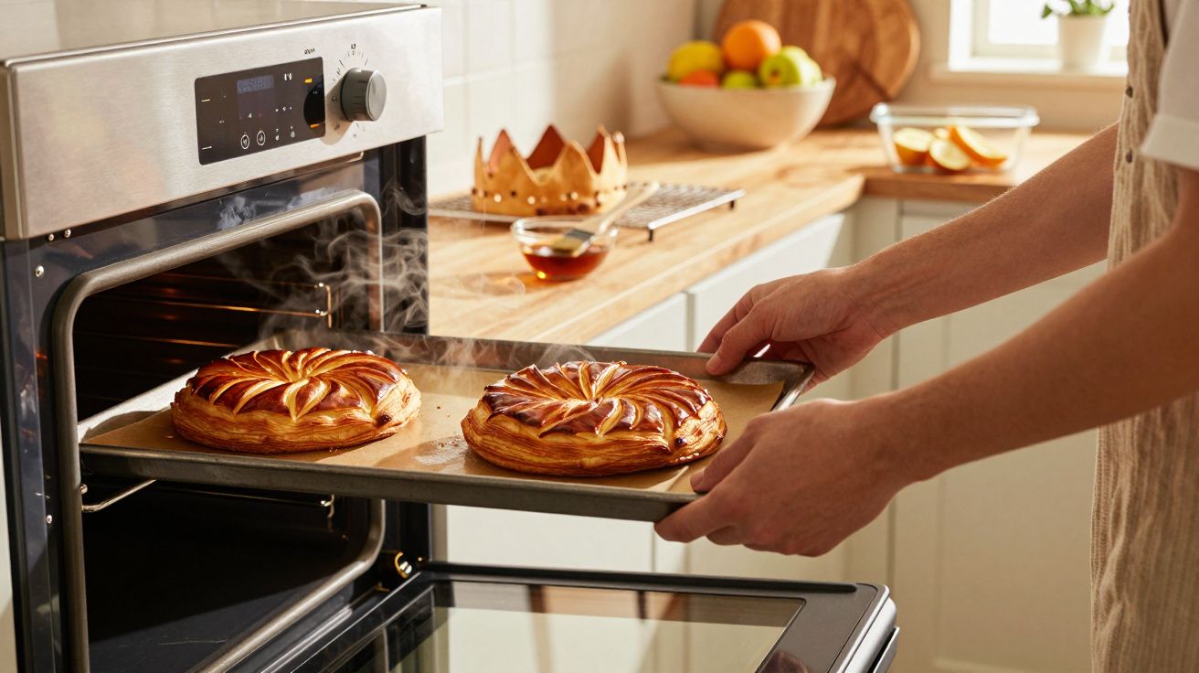Pessoa a retirar do forno duas tortas folhadas acabadas de assar numa cozinha iluminada.
