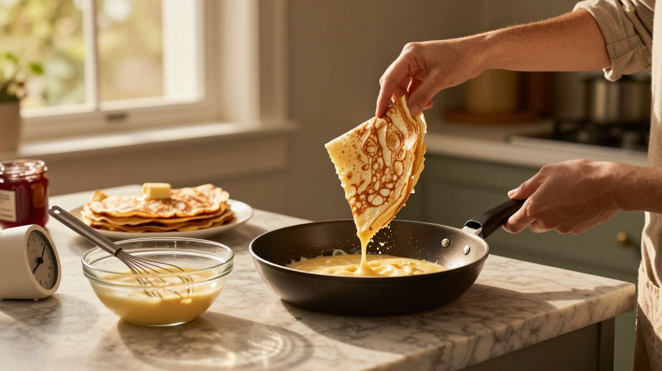 Pessoa a cozinhar panquecas numa frigideira numa cozinha com luz natural.