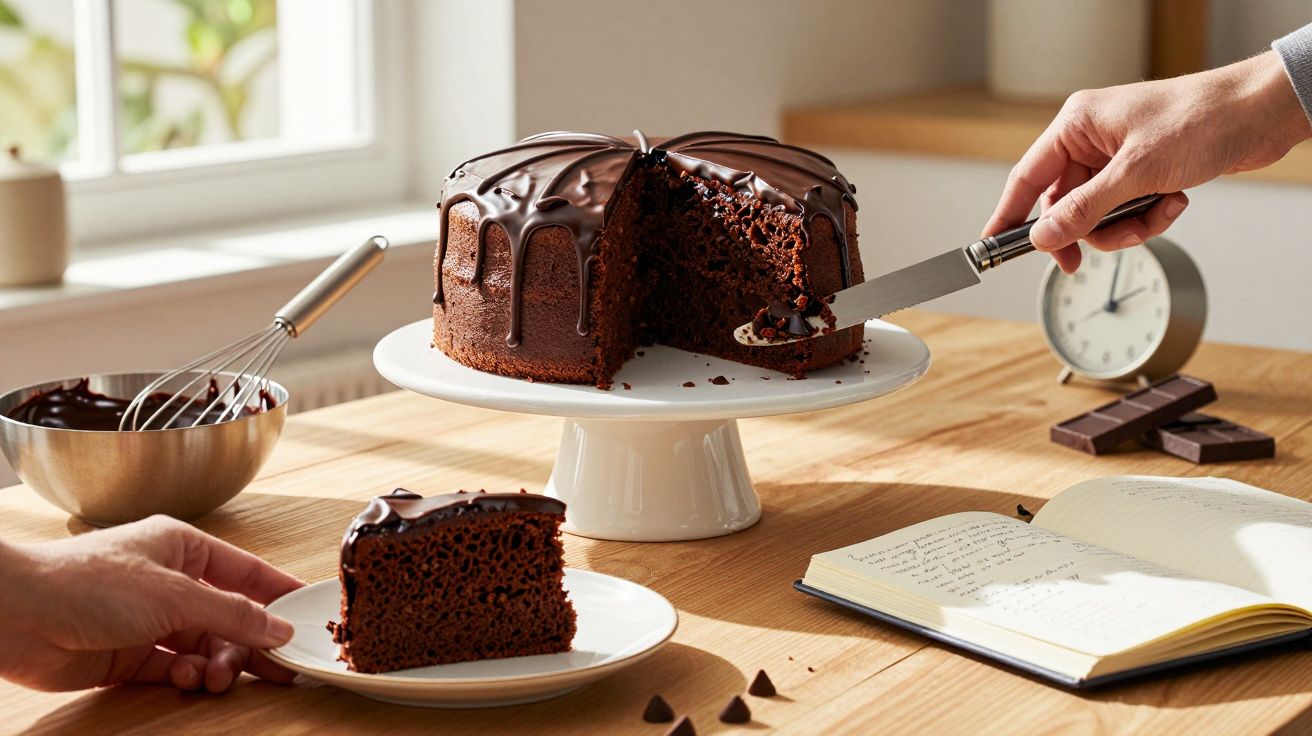 Bolo de chocolate com cobertura cremosa a ser cortado e servido numa cozinha iluminada.