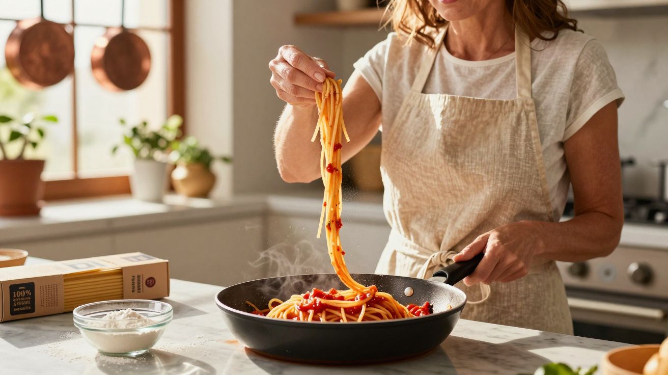 Mulher a cozinhar esparguete com molho de tomate numa frigideira numa cozinha luminosa.