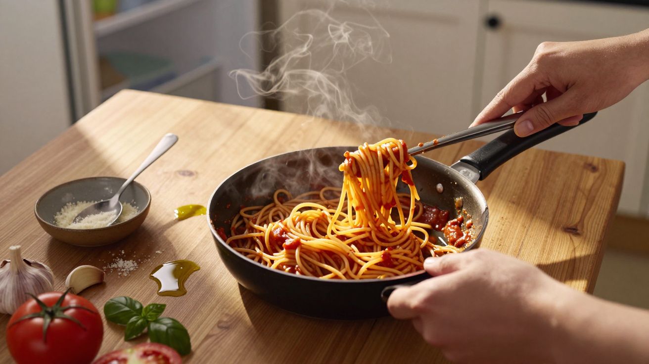 Mãos a mexer esparguete com molho de tomate quente numa frigideira preta sobre mesa de madeira com ingredientes.