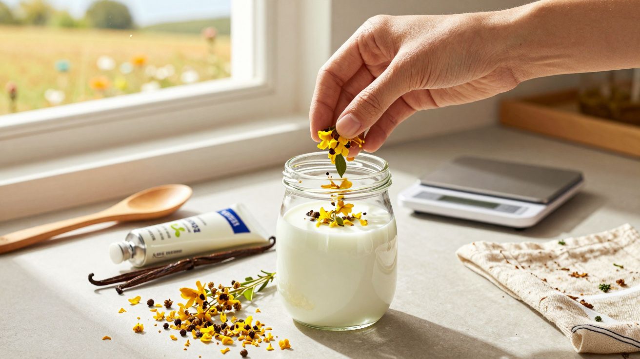 Mão a colocar flores amarelas num frasco de vidro com iogurte, numa bancada junto à janela iluminada.
