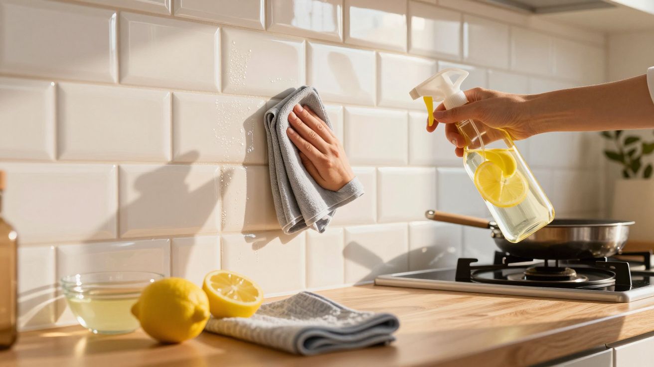 Pessoa a limpar azulejos brancos da cozinha com um pano cinzento e spray caseiro com limão.