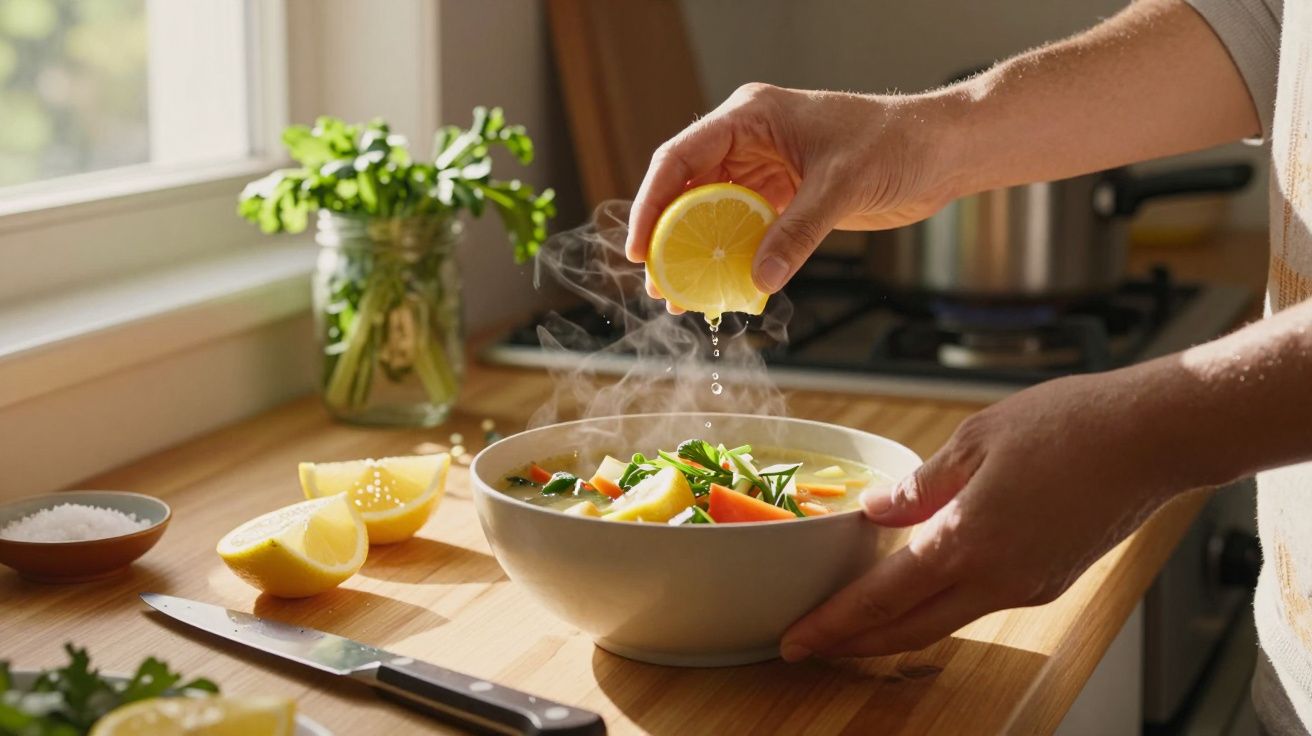 Pessoa a espremer limão numa tigela de sopa quente com legumes frescos numa cozinha iluminada.