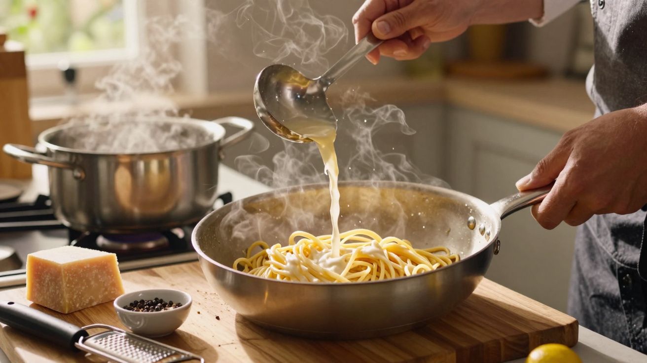 Pessoa a verter molho quente para esparguete numa frigideira com vapor, numa cozinha iluminada.