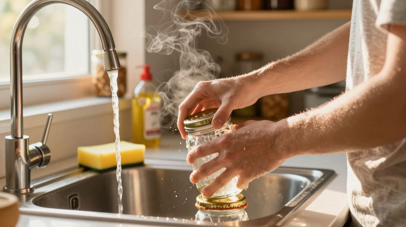 Mãos a desinfetar frascos com água quente numa cozinha iluminada pela luz do dia.