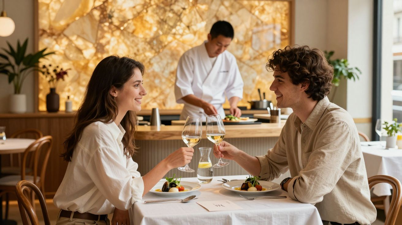 Casal a brindar com vinho branco num restaurante elegante com chef a preparar comida ao fundo.