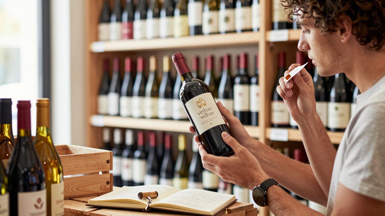 Homem a avaliar aroma de vinho numa garrafa numa loja com várias garrafas de vinho nas prateleiras.