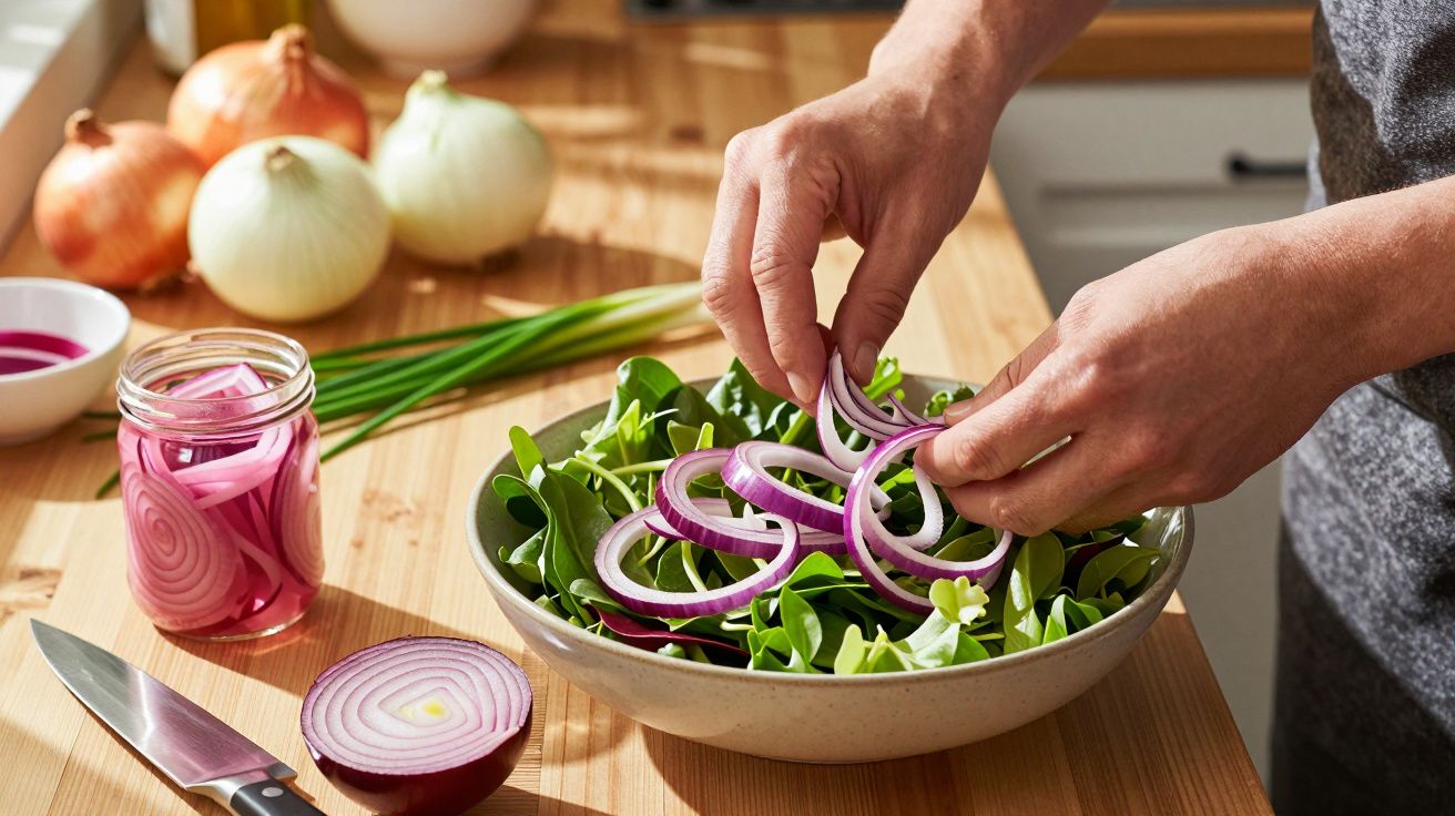 Mãos a colocar cebola roxa em rodelas numa salada fresca com folhas verdes numa tigela cinzenta.