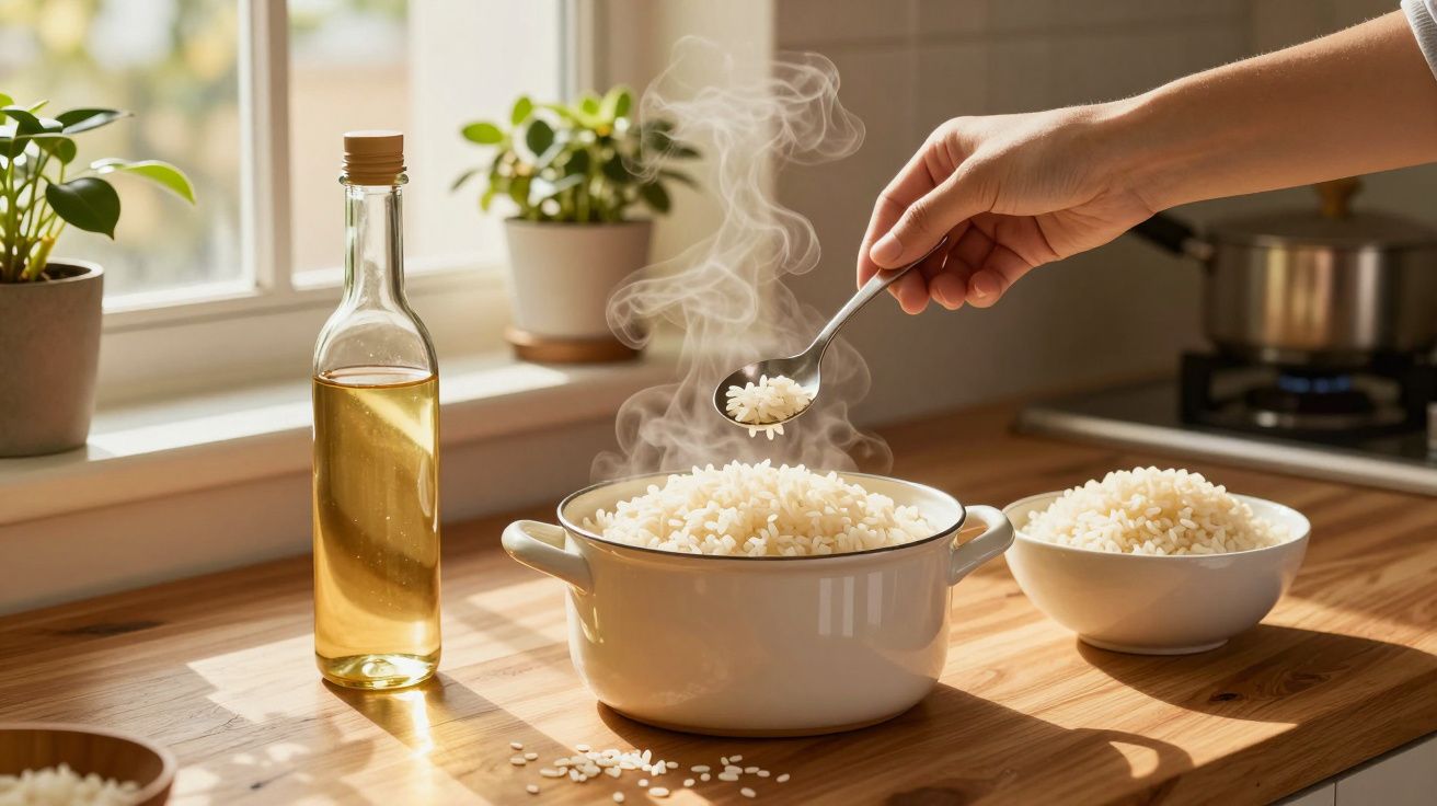 Mão a colher arroz quente e fumegante numa panela branca numa cozinha com luz natural e plantas na janela.
