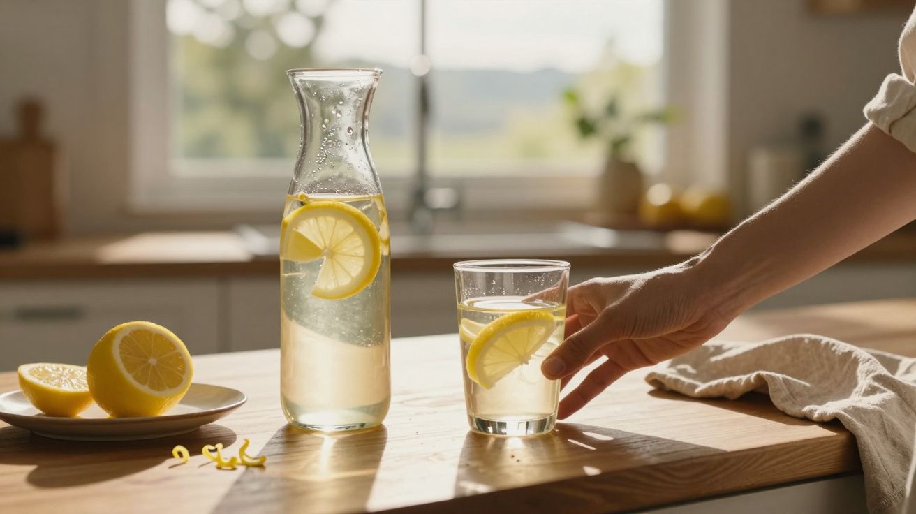 Mão a pegar copo de água com fatia de limão, jarro e limões cortados numa mesa de madeira junto à janela.