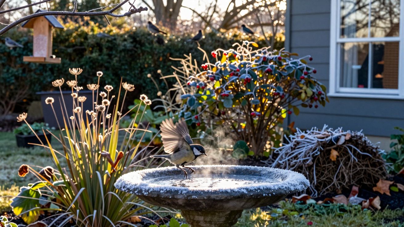 Pássaro pousado em fonte congelada num jardim com luz solar e vegetação ao fundo.